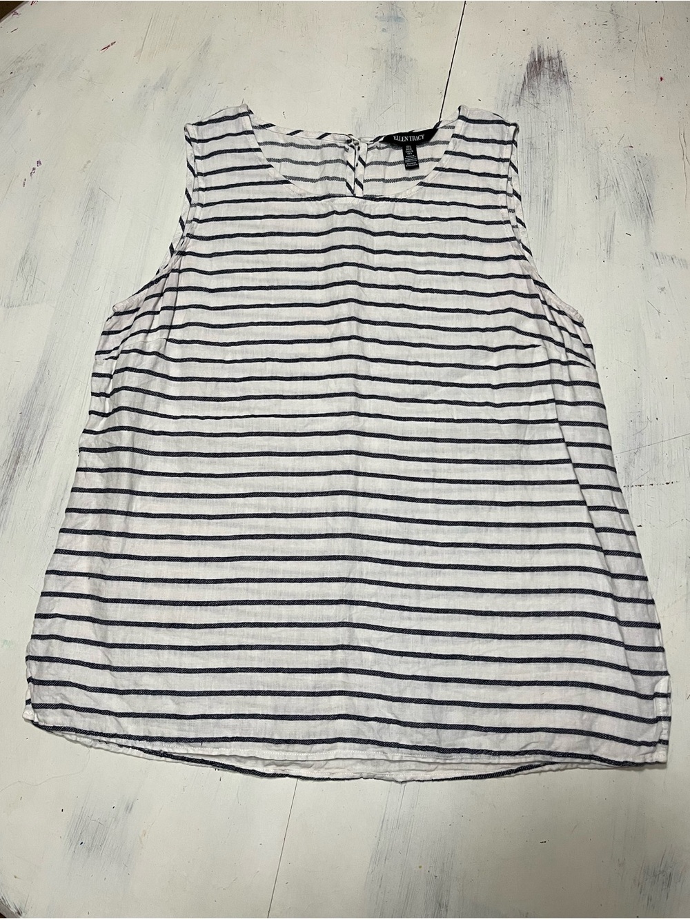 Ellen Tracy 100% Linen Blue Stripe Sleeveless Top Sz L Coastal Breathable